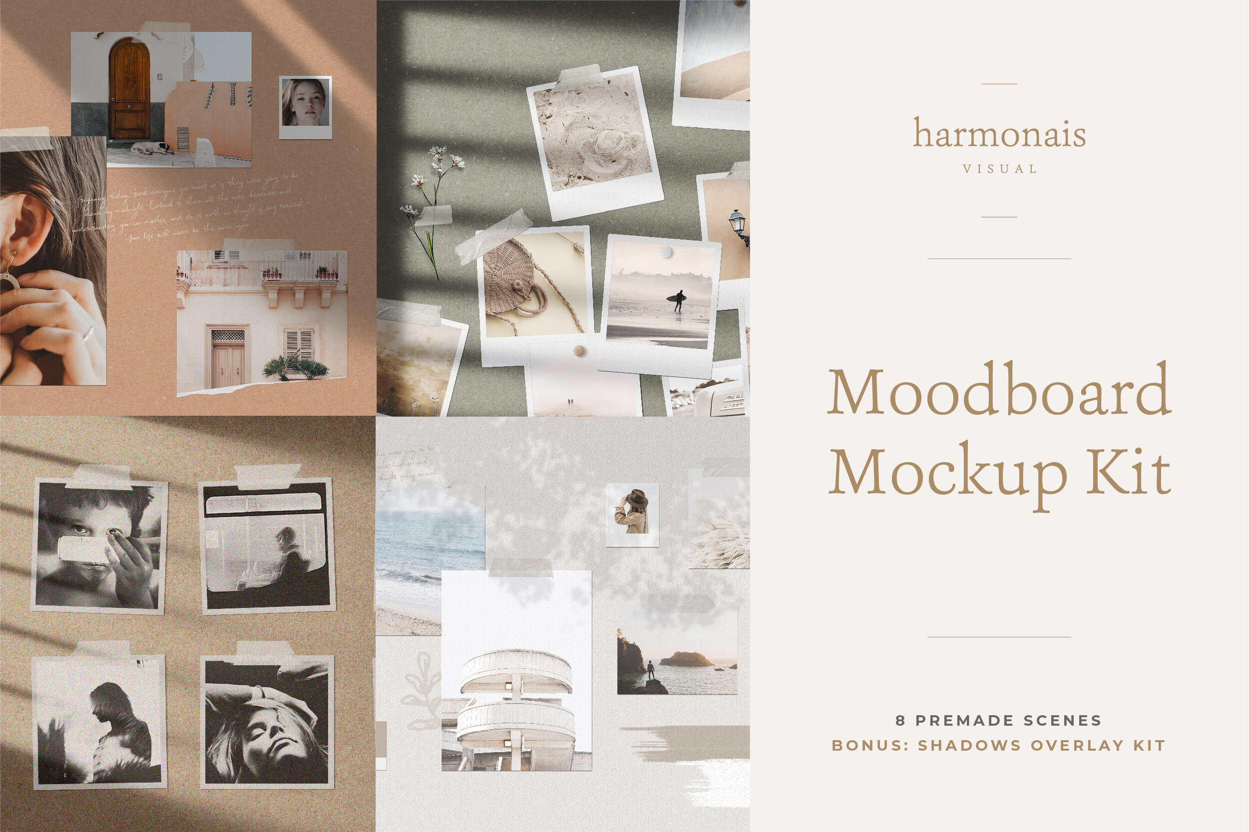 Mood board mockup scenes introducing 5 spaces, including a shredded picture and a polaroid photograph, with different sizes. Elegant Mood Board Mockup Freebiesnation