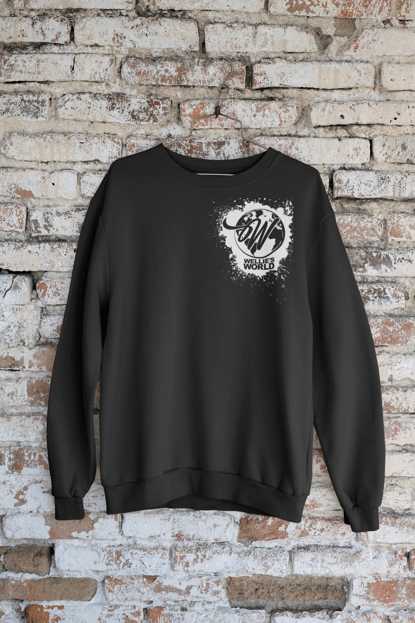 This mockup is best for vintage. Wellie S World Paint Splatter Crewneck Black Welcome To Wellie S World